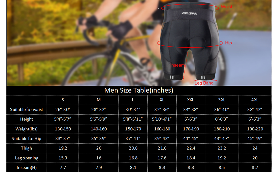 Men's Cycling Shorts Size Chart
