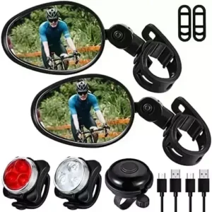 5 Pcs Bike Mirror 360 Degree Rotatable Handlebar Mirror Wide Angle Bicycle Mirror Rear View Mirror Convex Mirror, USB Rechargeable Bike Light Front Headlight and Rear LED Bicycle Light Bike Bell