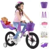 HESTYA Doll Bicycle Seat with 30 Pieces Stickers Decals, Bicycle Basket for Children, Bicycle Handlebar Streamers Colourful Ribbons Tassel for Ladies Boys, Flower Bike Bell for Children Bike Extras