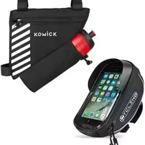Komick Bicycle Accessories - Bike Bag Phone Holder for Bike And Bike Frame Bag Suitable 2pcs Bundle For Mountain Bike Accessories And Road Cycling Accessories Use - Bicycle Bag Waterproof Touchscreen Phone Holder Accessories Cycling Pouch with Water Bottle Holder (Bicycle Phone Holder + Bicycle Bag)