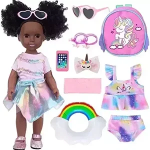 UZIDBTO Black Doll and Black Girl Doll Accessories 14.5 Inch Silicone African Baby Doll with Clothes Unicorn Theme Doll Swimsuits Best Gift for Girls Kids
