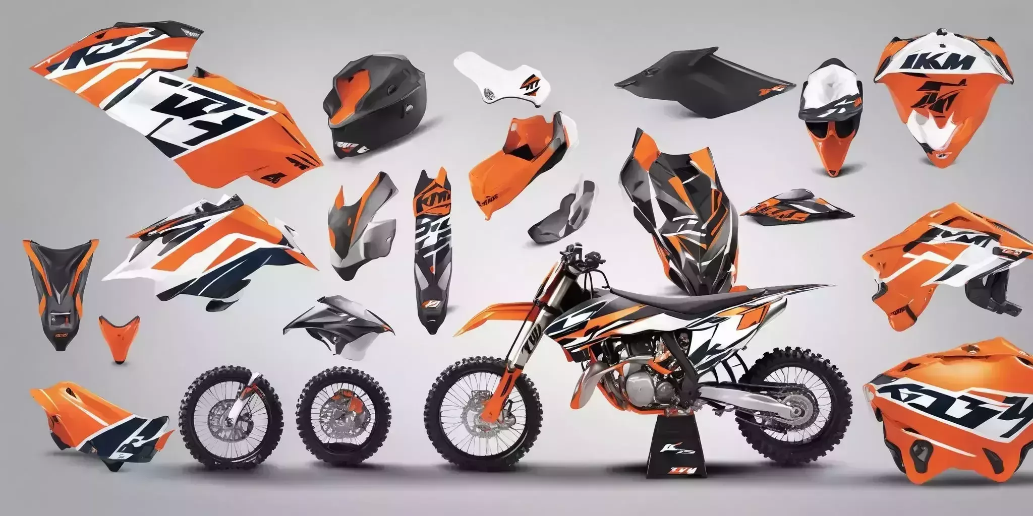 KTM 125SX accessories in illustration style with gradients and white background